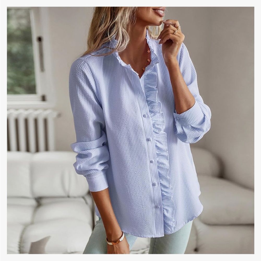 Women's  Ruffle Trim Long Sleeve Button Down Shirt Lightweight Textured Medium